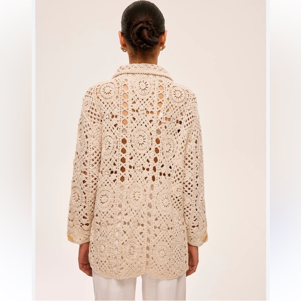 Boho Crochet Button Front Cardigan Cream Open Knit Beachy Oversized Sweater - Picture 9 of 12